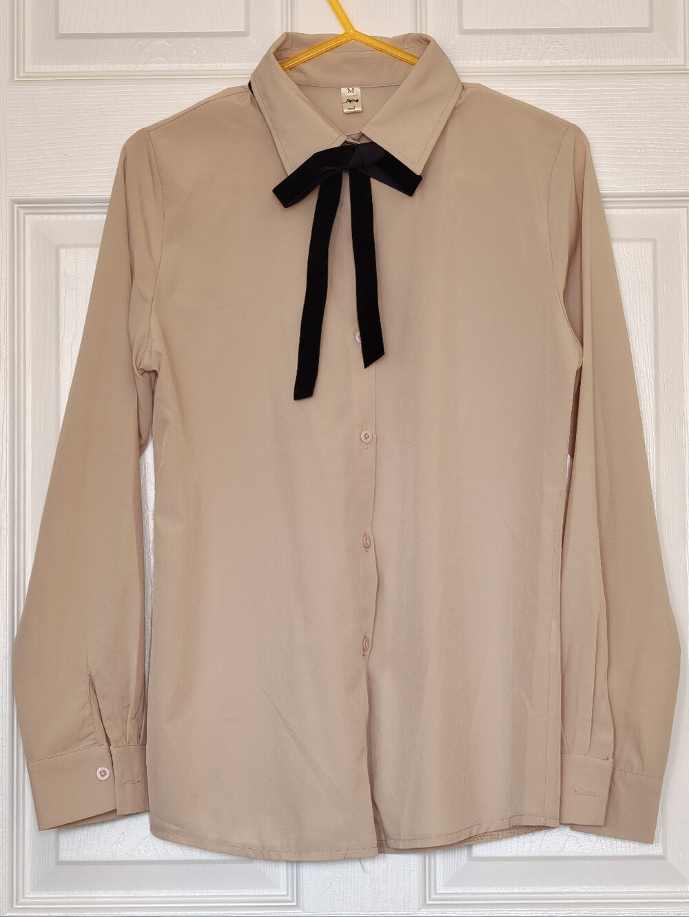 Medium Taupe Long-Sleeve Button Shirt with Ribbon Tie Black Bow M
